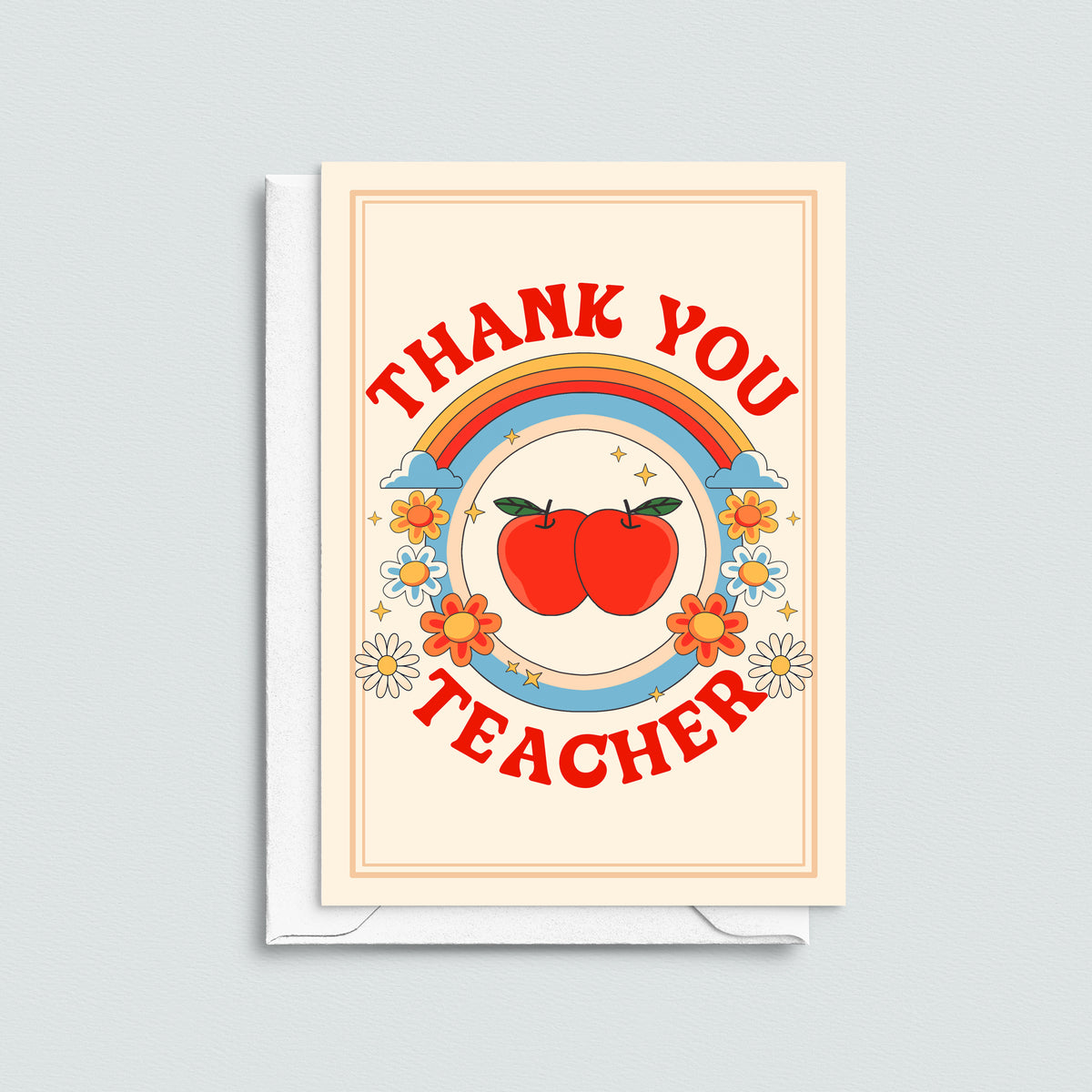 a thank you teacher card with retro design on a grey background
