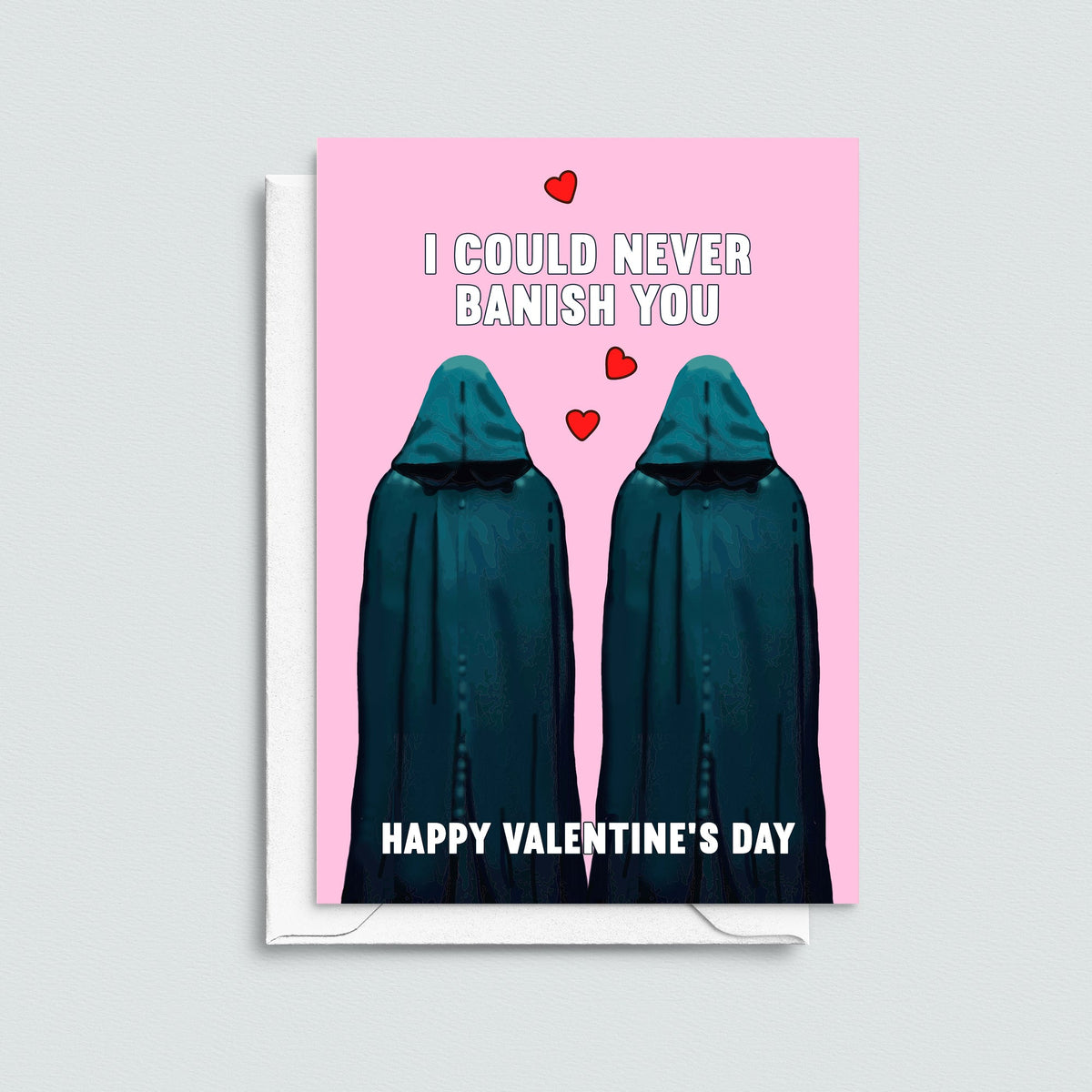 Valentine's Day card with two hooded Traitors figures and hearts on a pink background