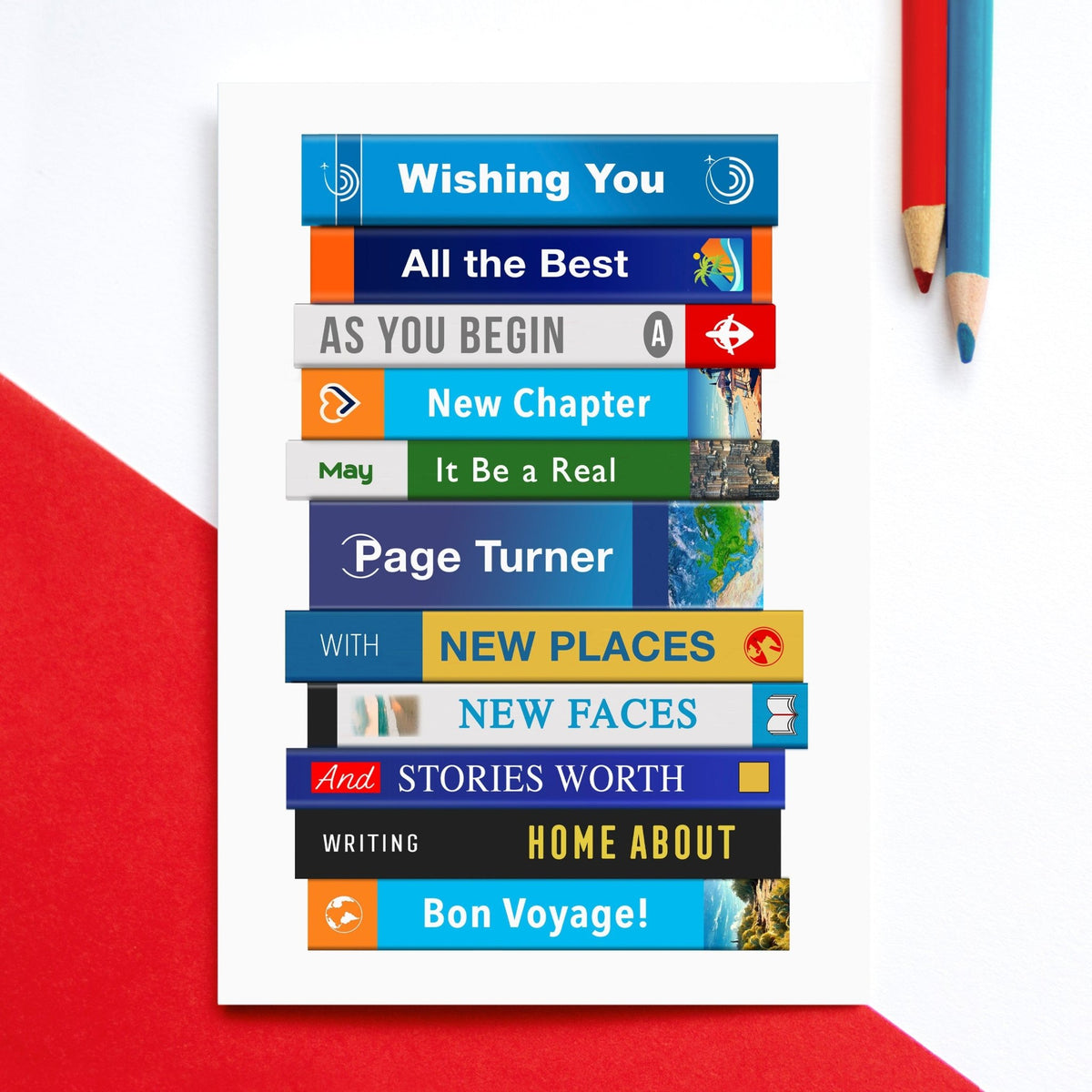 Stack of books with motivational phrases on a red and white background