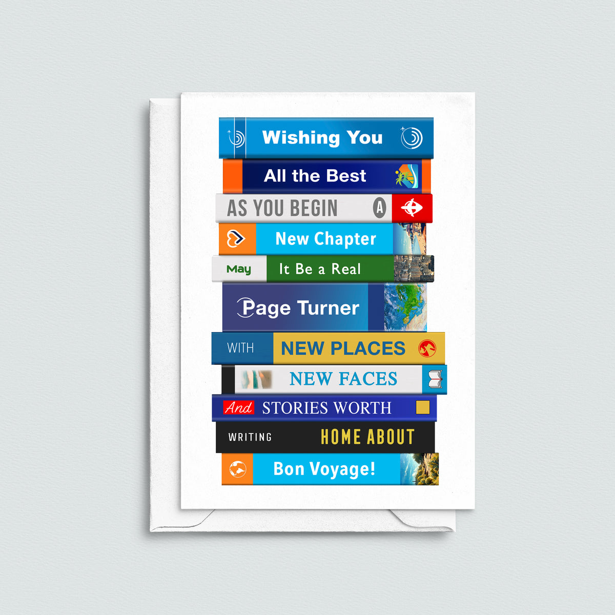 Greeting card with book-themed design on a light gray background