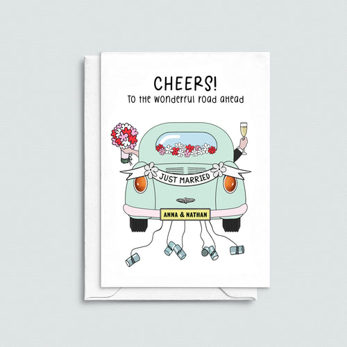 'Cheers To The Road Ahead' Personalised Wedding Card