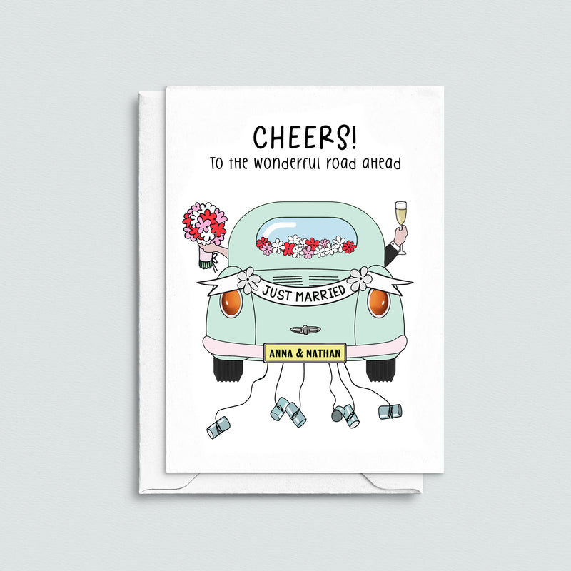 'Cheers To The Road Ahead' Personalised Wedding Card