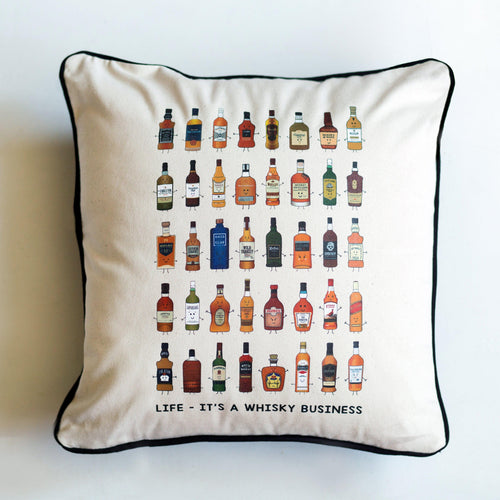 Cushion cover illustrated with all of the different types of whisky and a pun. Comes with option of a cushion pad