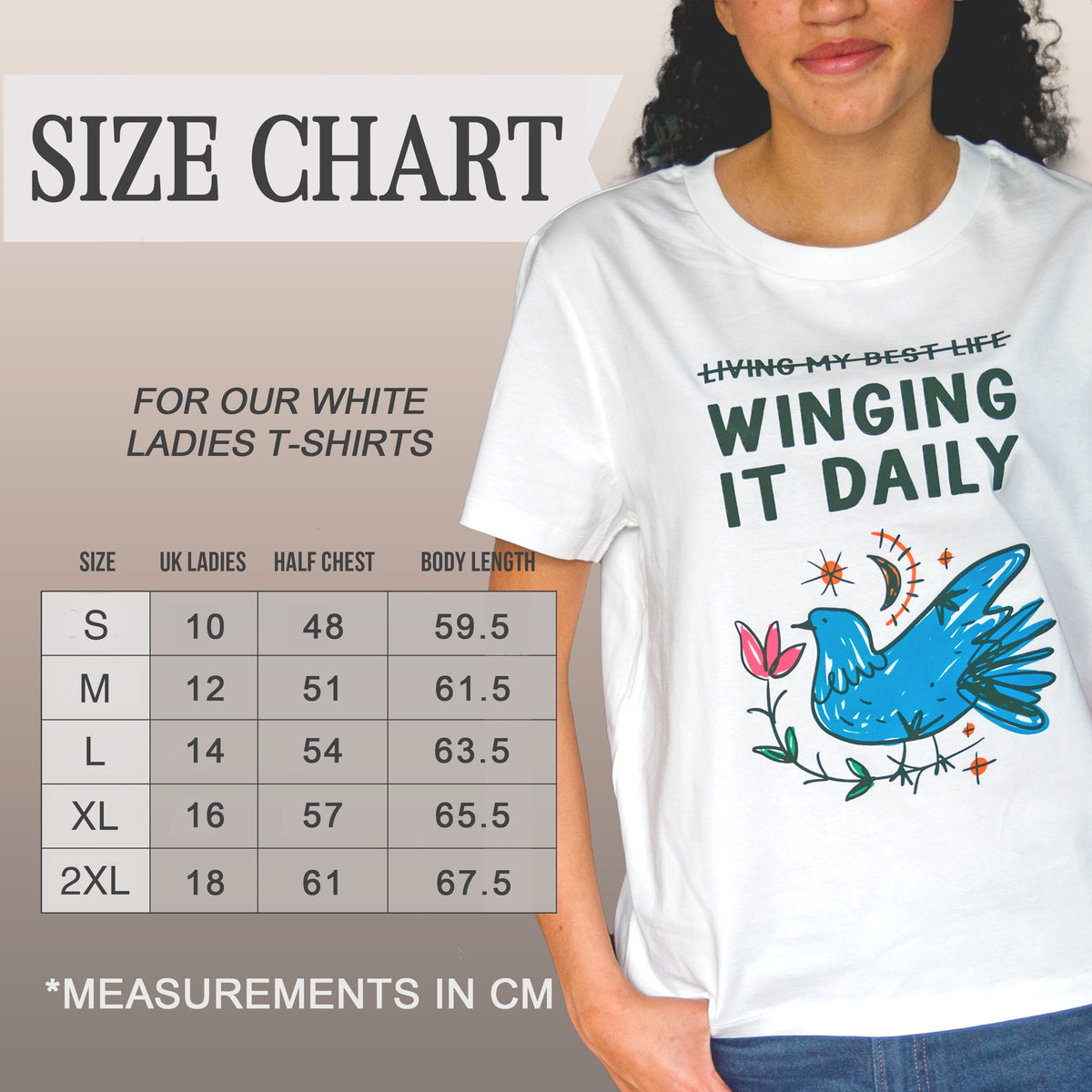 White t-shirt with a graphic design and size chart on a plain background
