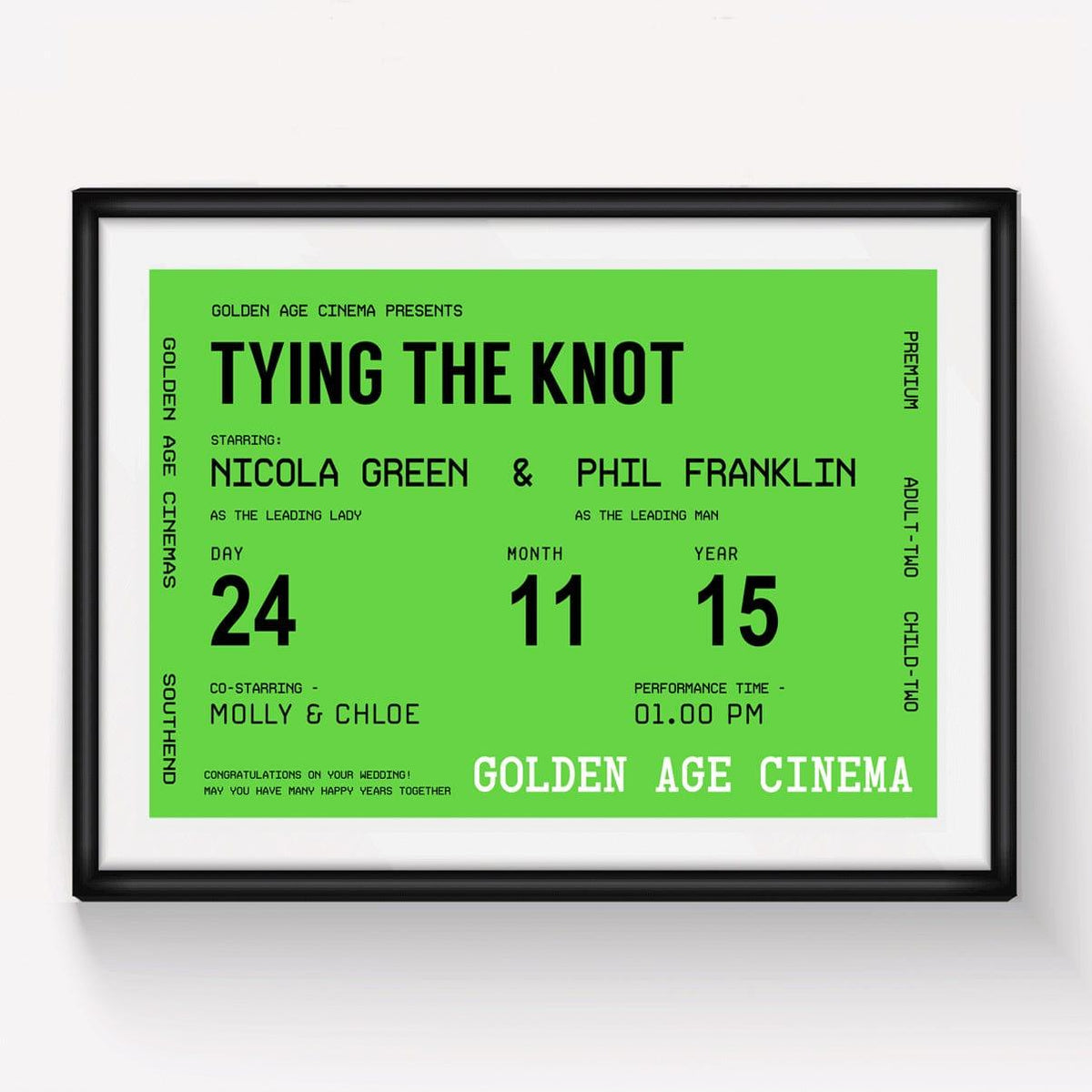 Framed movie poster with text 'Tying the Knot' on a green background