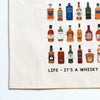 Varieties of whiskys illustrated on a reusable cotton shopping bag