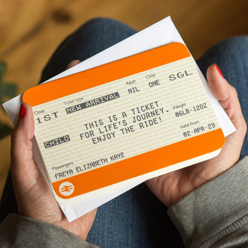 Personalised Train Ticket New Baby Card