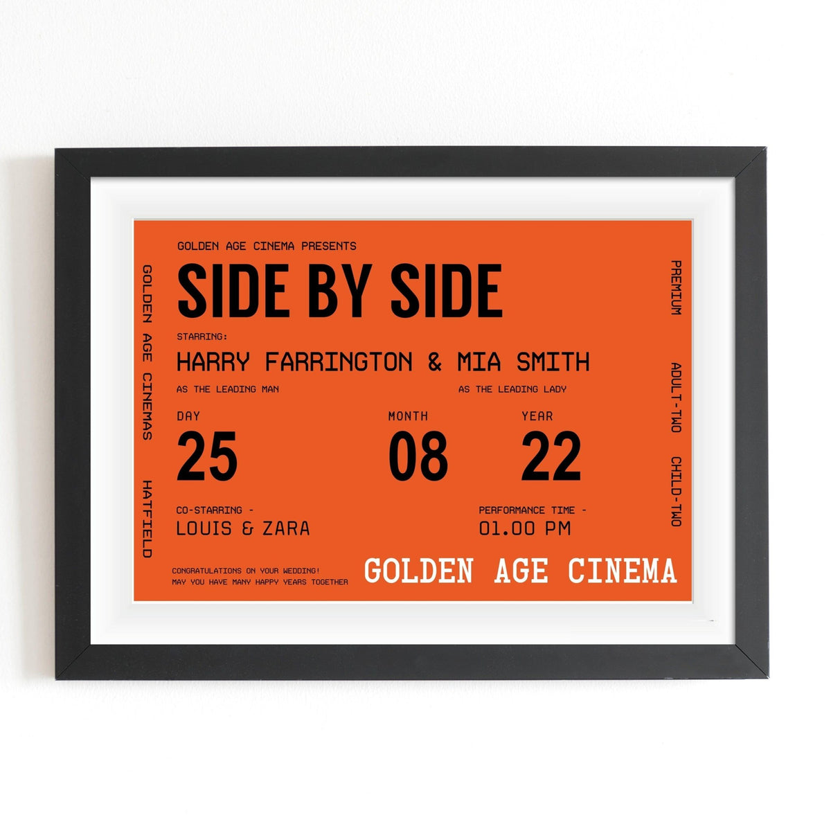 Framed movie poster-style print with 'Side by Side' text on an orange background.