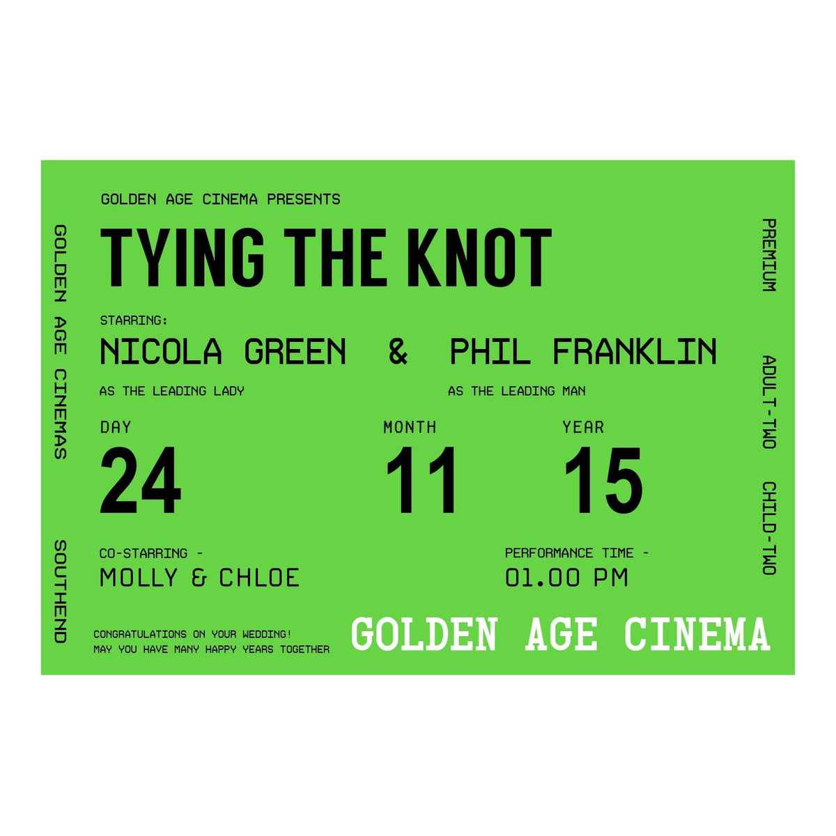 Green movie ticket-style invitation for 'Tying the Knot' with text details.