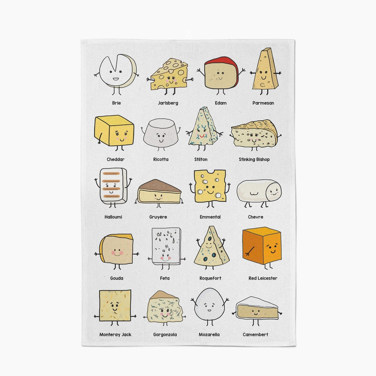white tea towel featuring illustrations of various cheeses against a white background