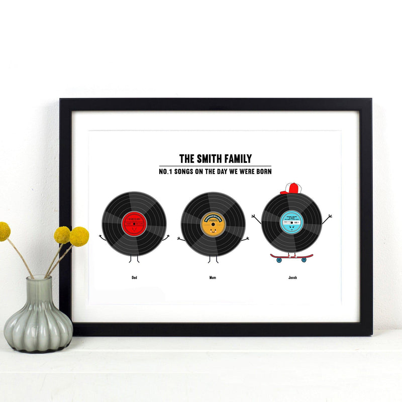 Number 1 songs on the day your whole family were born - printed onto illustrated vinyl records