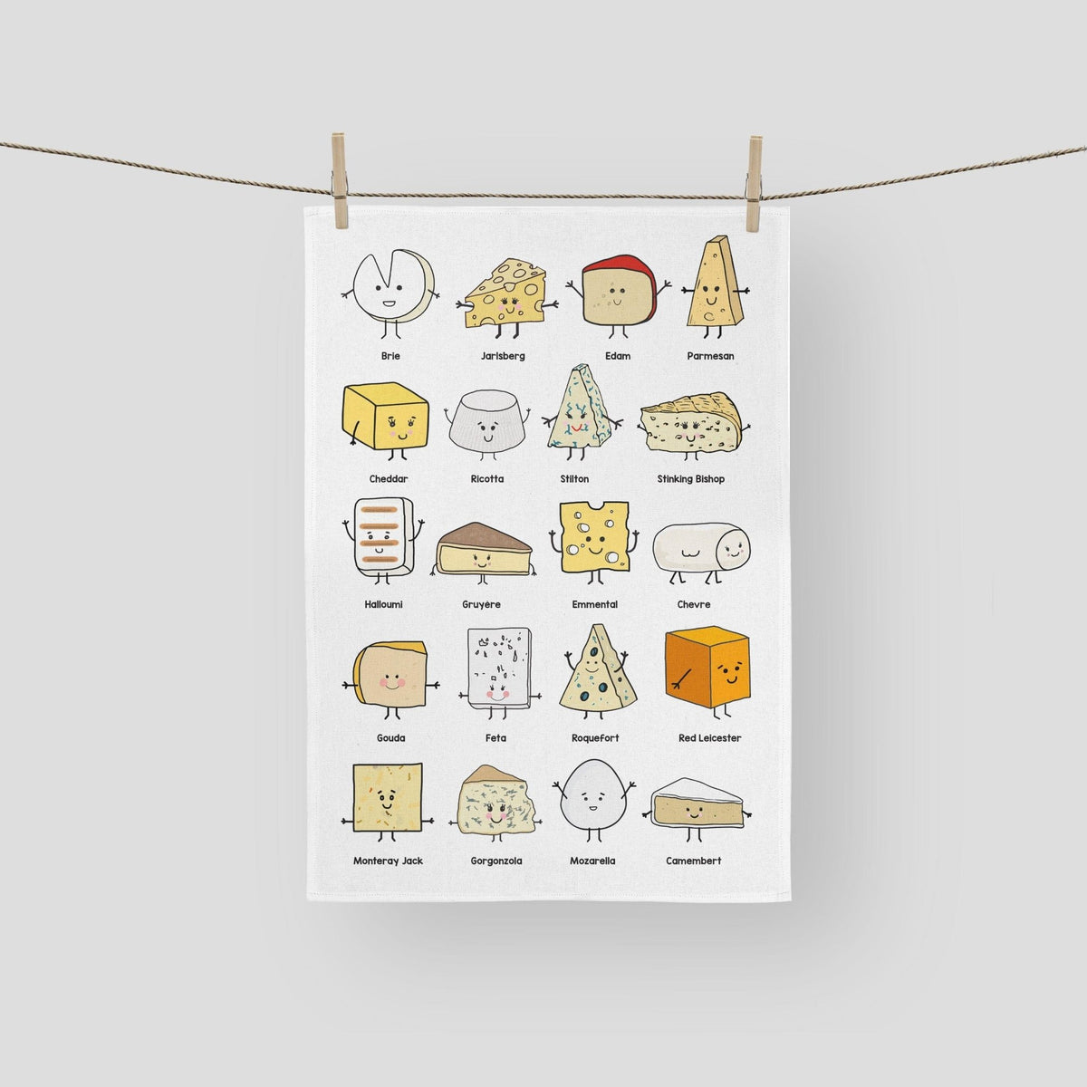 a white tea towel featuring illustrations of various types of cheese as characters hanging on a washing line against a grey background