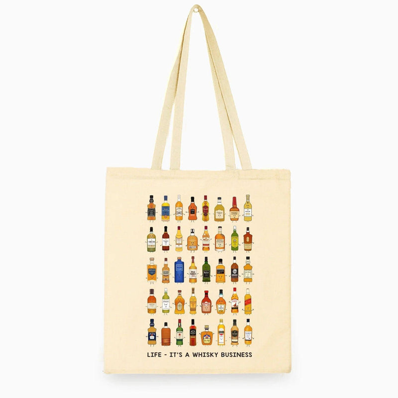 Illustrated whisky collection on a shopping bag